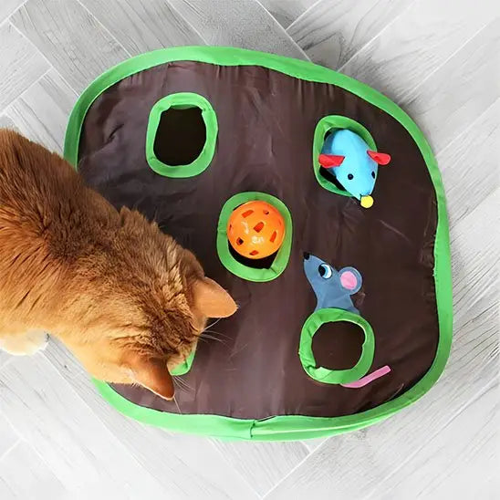 Tente de jeu pour chat brune avec bord vert et 3 trous, jouets suspendus
