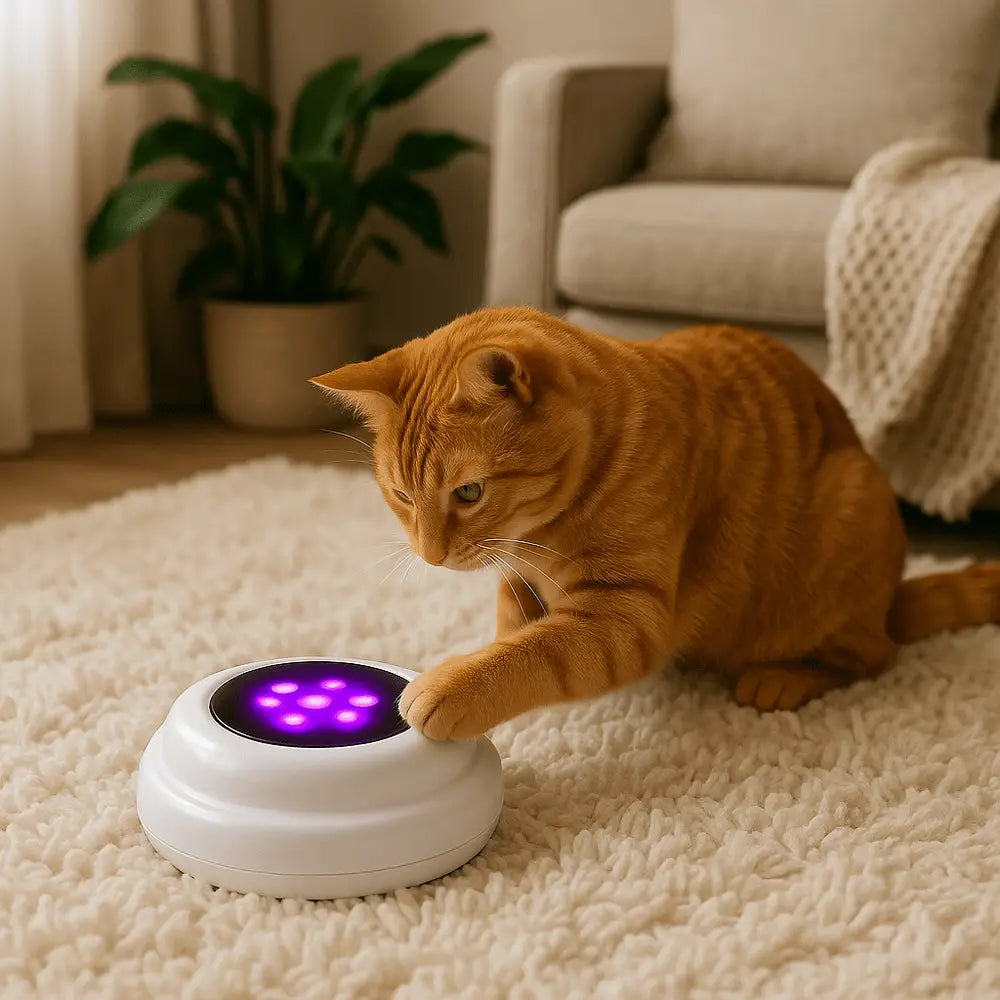 Jouet interactif pour chat : socle blanc avec disque lumineux violet et balle bleue.