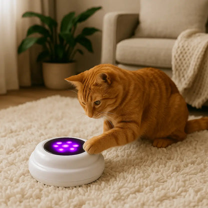 Jouet interactif pour chat : socle blanc avec disque lumineux violet et balle bleue.