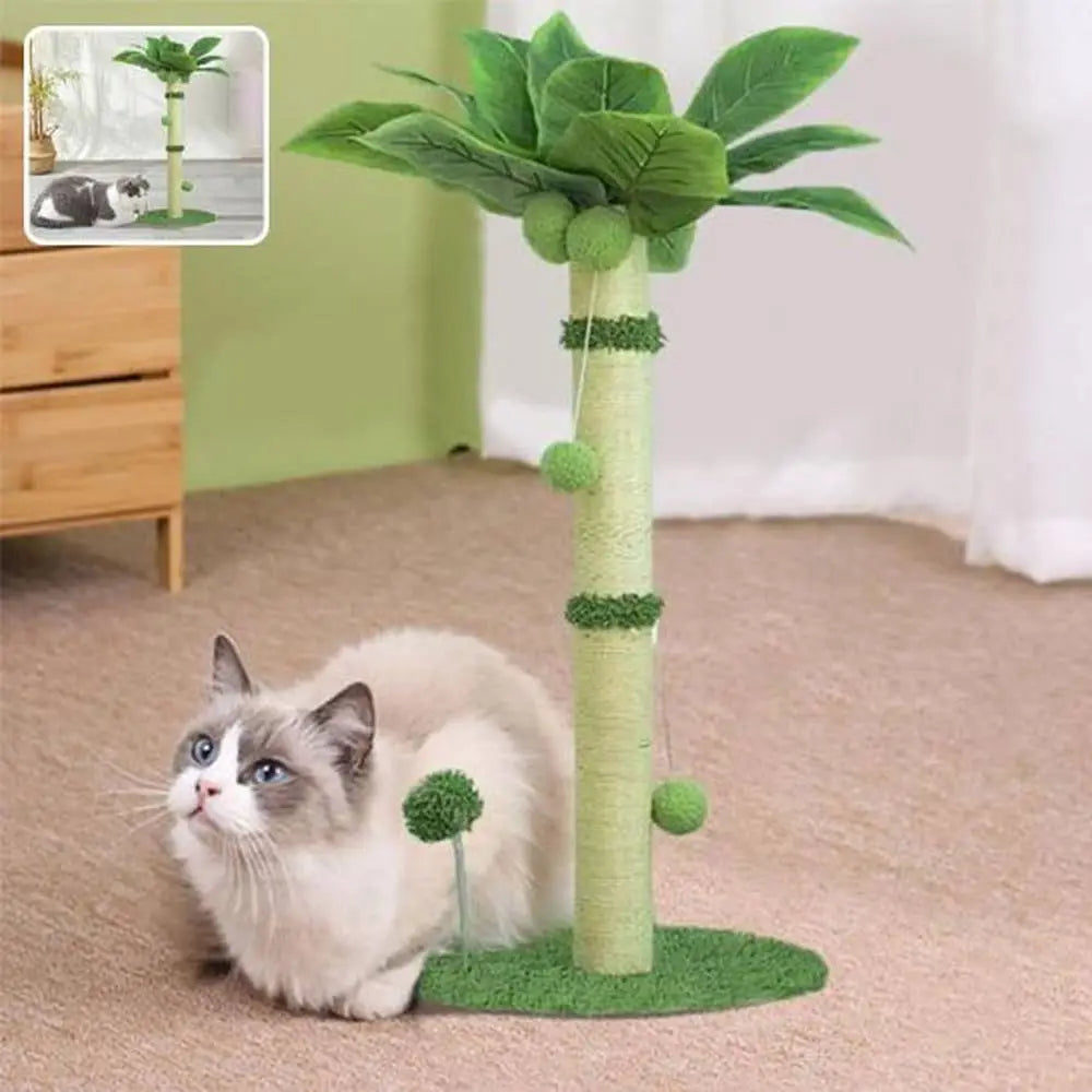 Griffoir pour chat : poteau crème, grand feuillage vert et base en tapis vert