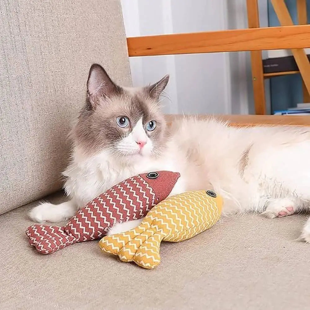 Jouet pour chat en peluche poisson zigzag rouge et jaune, yeux ronds