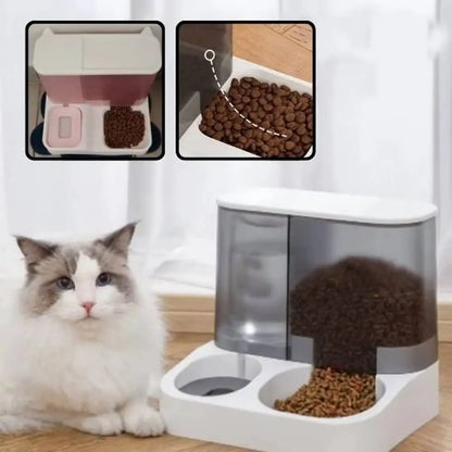 Distributeur de croquettes pour chat blanc avec médaillons montrant la distribution.