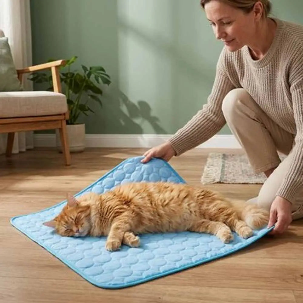 Coussin refroidissant bleu à motif relief, avec un chat allongé dessus.