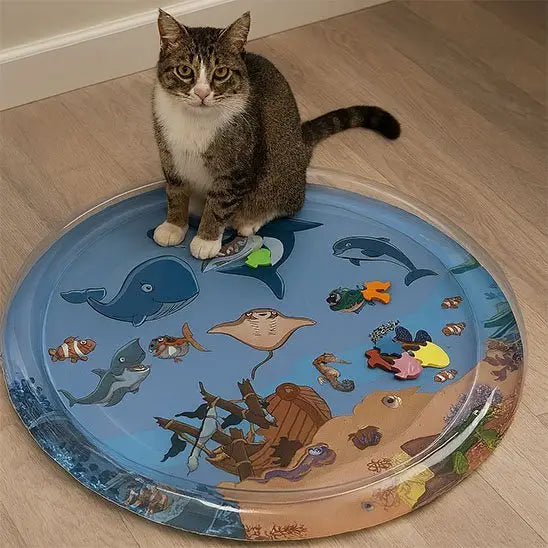 Jouet pour chat InteractiFelis rond bleu, motifs océaniques, chat tigré assis dessus