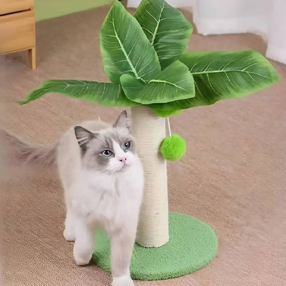 Griffoir pour chat FélinConfort avec base ronde verte, poteau beige et feuilles vertes