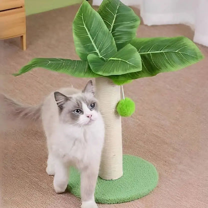 Griffoir pour chat FélinConfort avec base ronde verte, poteau beige et feuilles vertes
