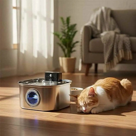 Fontaine à eau pour chat en acier inoxydable, éclairage bleu, chat roux au sol près de la base