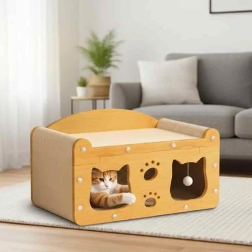 Griffoir pour chat en sisal naturel, cabane rectangulaire en bois clair avec coussin jaune