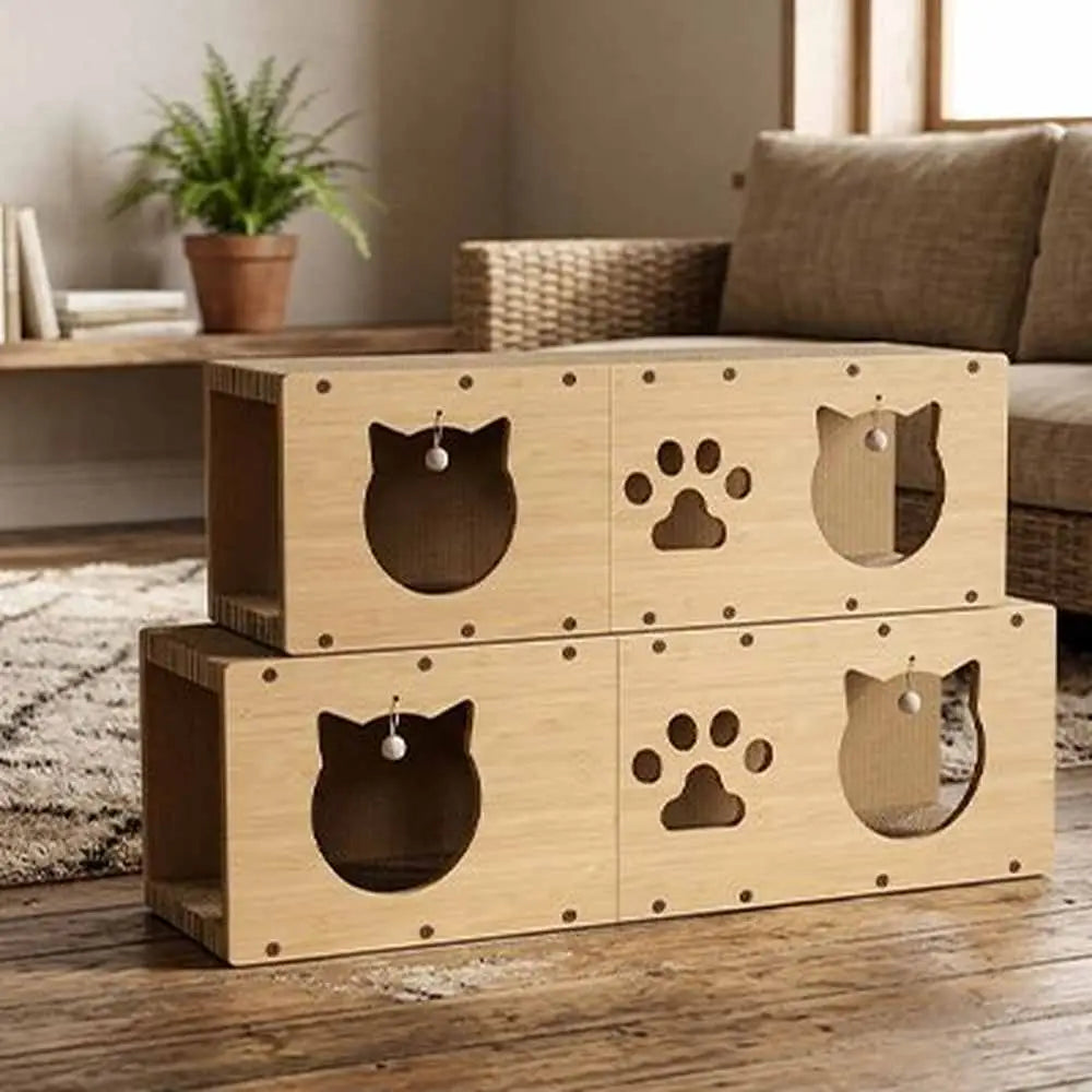Griffoir pour chat en bois clair à deux niveaux, ouvertures en forme de tête et patte