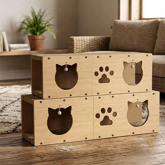 Griffoir pour chat en bois clair à deux niveaux, ouvertures en forme de tête et patte