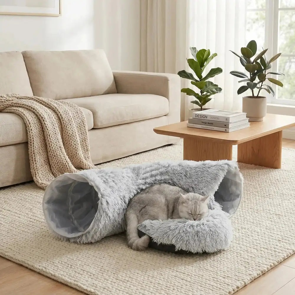 Tunnel pour chat en peluche gris clair, entrée latérale et intérieur douillet
