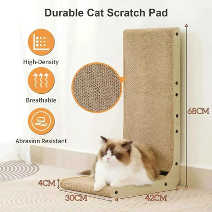 Griffoir pour chat vertical en tissu beige, vue d’ensemble avec cadre clair et chat.