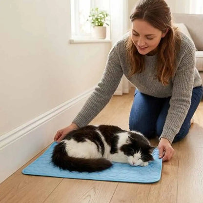 Coussin refroidissant été bleu à relief, avec un chat couché sur la surface.