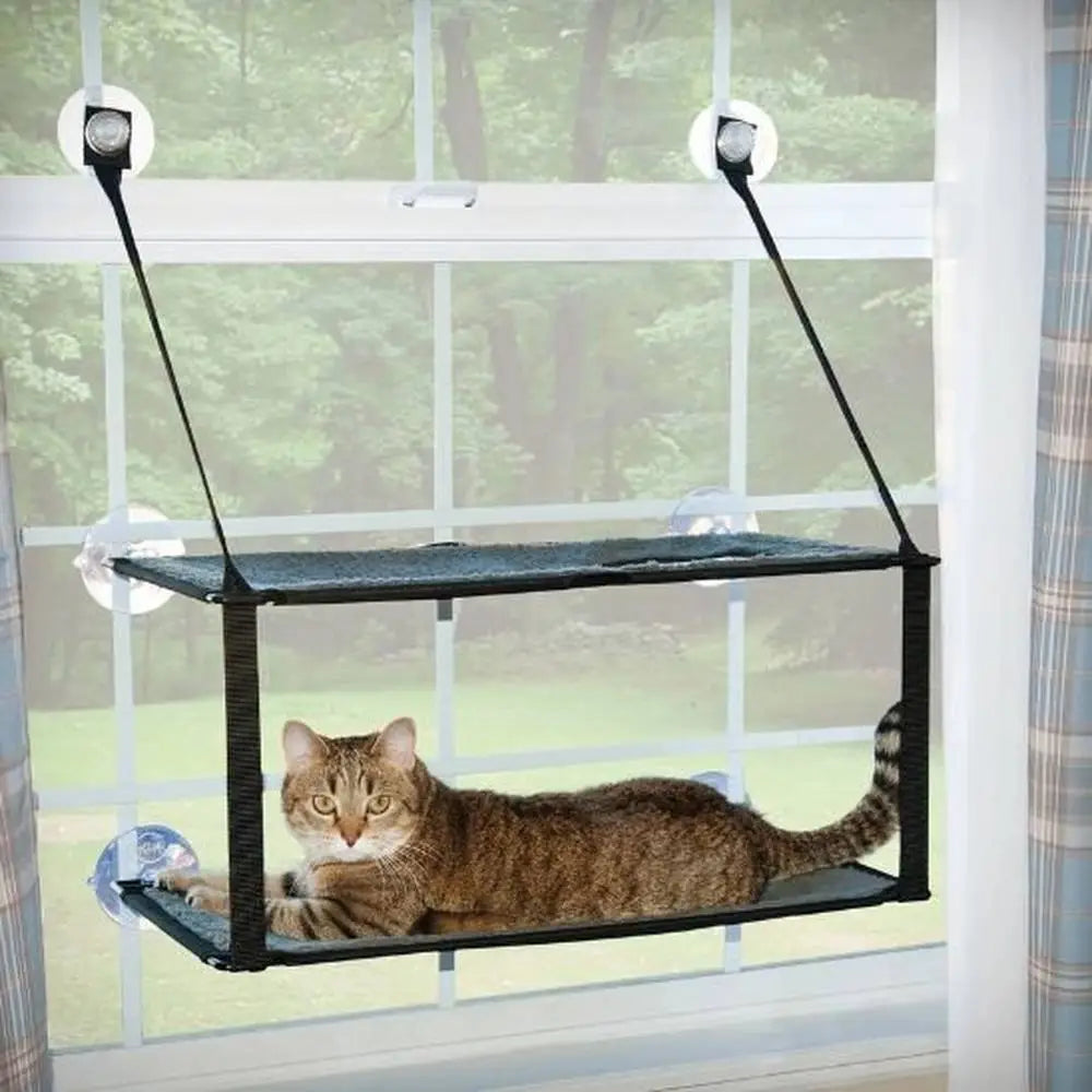 Hamac pour chat de fenêtre Solaris noir, cadre en métal et tissu suspendu.