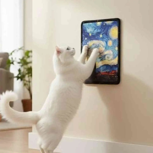 Griffoir mural pour chat avec cadre noir et illustration nuit, chat blanc qui griffe