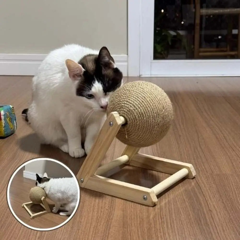 Griffoir pour chat avec boule en sisal beige sur base en bois, chat blanc et noir.