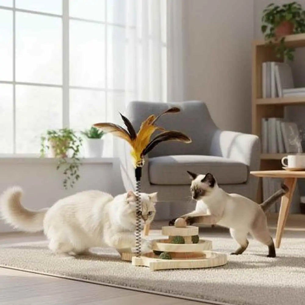 Jouet pour chat Plumes Interactives : canne à plume jaune sur ressort, plateau en bois à étages.