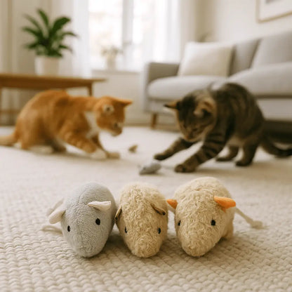 Lot de souris en peluche : beige et grises, oreilles orange