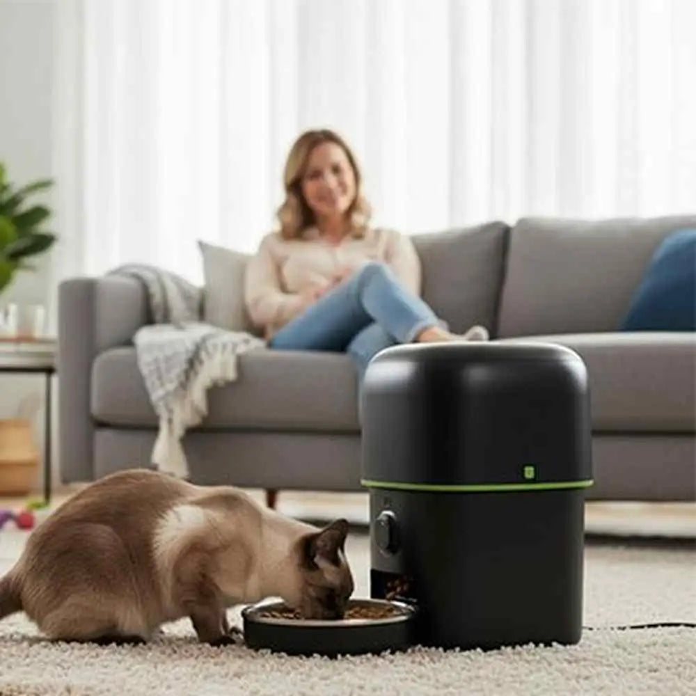 Distributeur de croquettes pour chat noir avec bol ouvert sur sol, bouton de contrôle frontal.