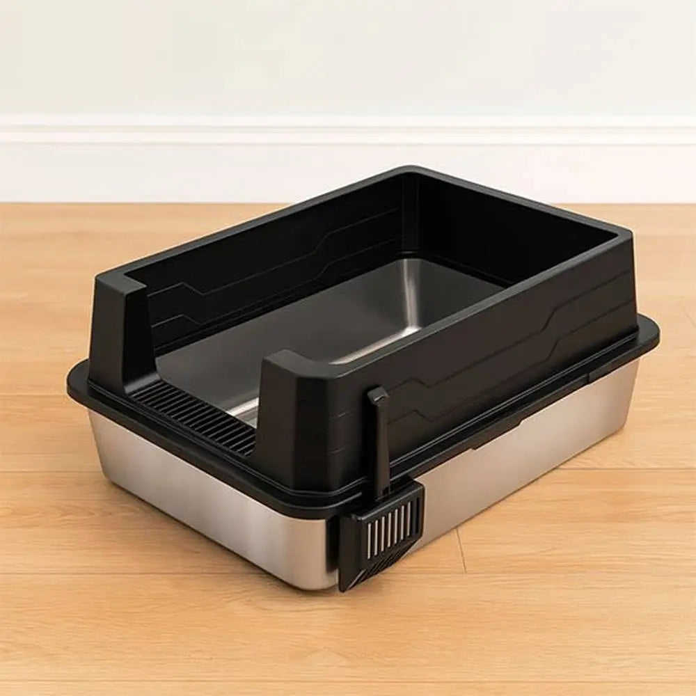 Bac à litière pour chat CleanControl, vue de côté, base beige et dessus noir