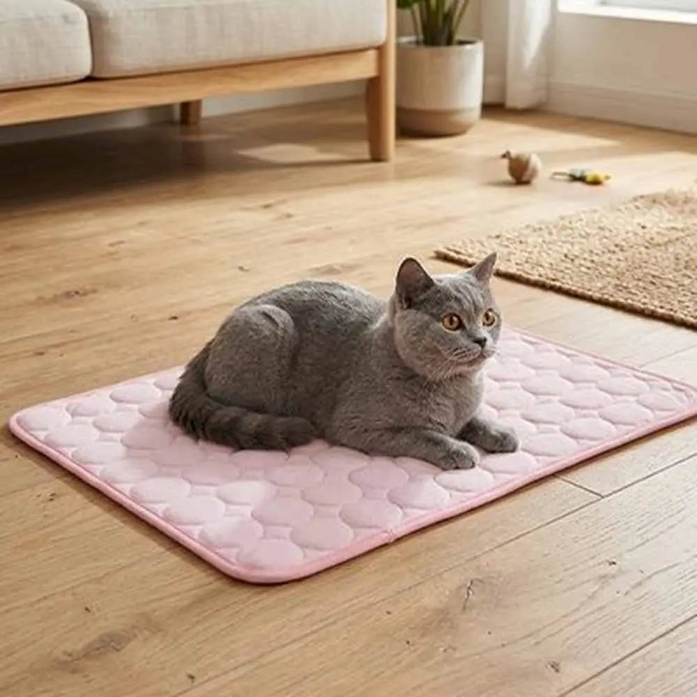 Tapis rafraîchissant rose à relief pour chat, avec chat gris couché