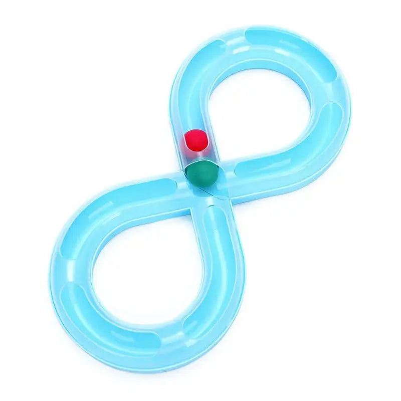 Piste de jouet pour chat bleue en forme de double anneau, avec pions colorés