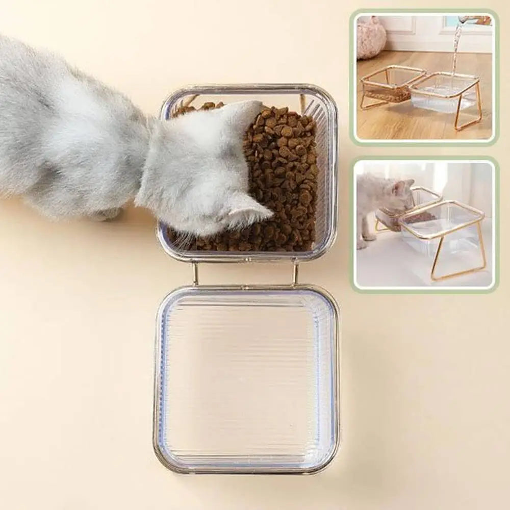Gamelles pour chat empilables : bac transparent et base carrée en métal argenté