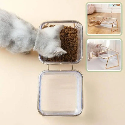 Gamelles pour chat empilables : bac transparent et base carrée en métal argenté