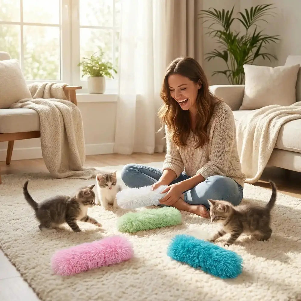 Lot de 4 peluches pour chat : duvets vert, rose, bleu et turquoise