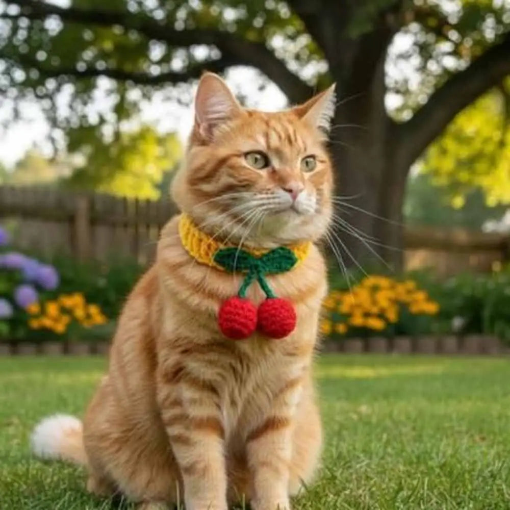 Collier pour chat en tricot jaune-orangé, nœud vert et deux pompons rouges cerises.
