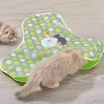 Tapis de jeu interactif pour chat vert à pois, souris et disque lumineux au centre