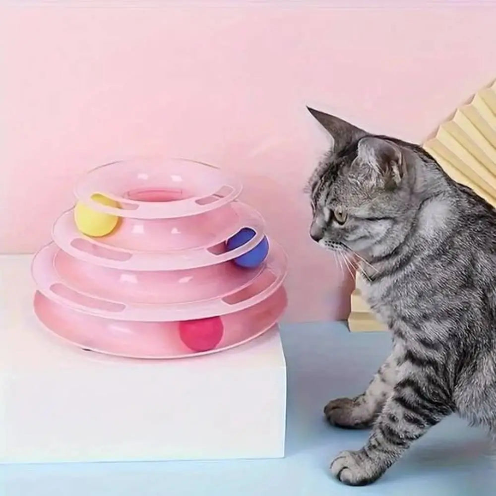 Jouet pour chat circuit de balles 3 niveaux rose, trois niveaux avec billes colorées