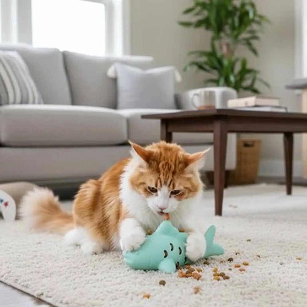 Jeu pour chat en forme de poisson turquoise, sur tapis, avec un chat assis.