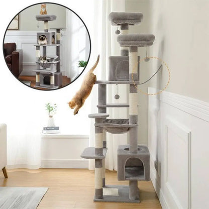 Arbre à chat multi-niveaux gris avec plateformes, maison et boules pendantes