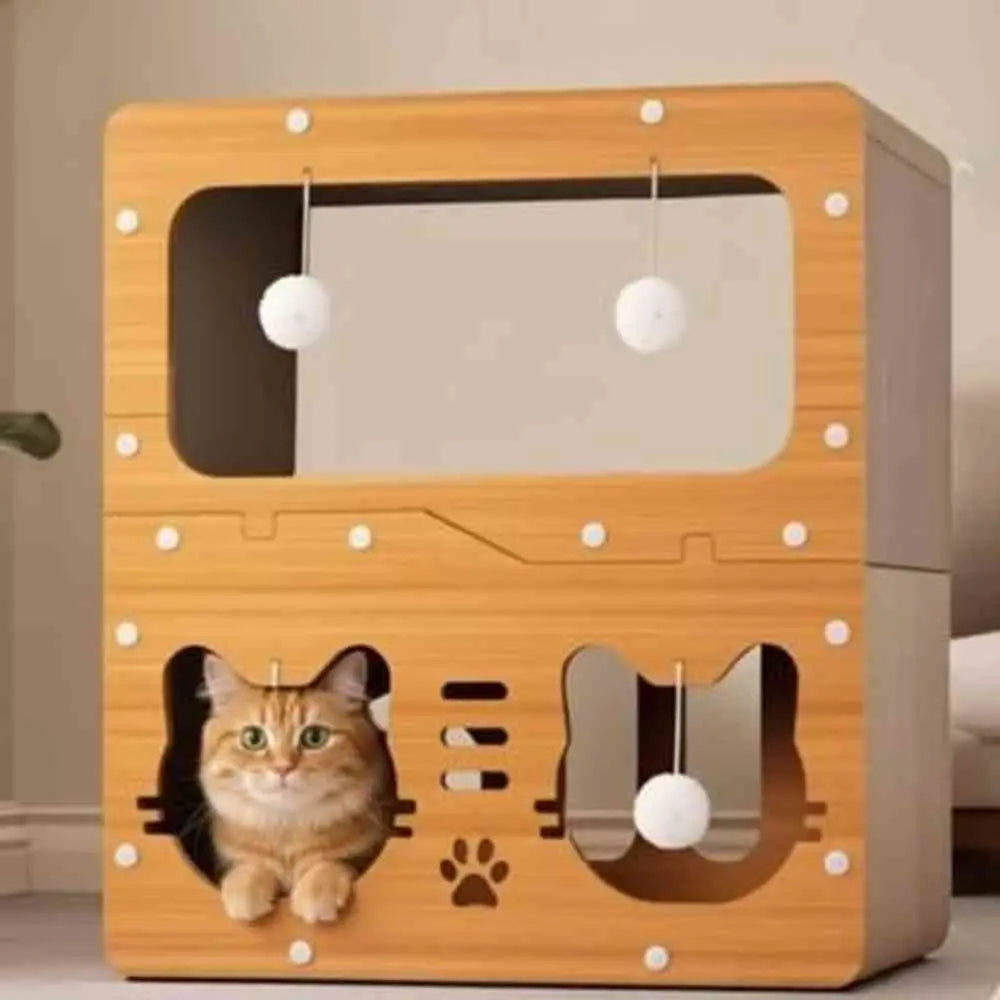 Griffoir pour chat en sisal naturel, façade en bois clair avec hublot et balles suspendues