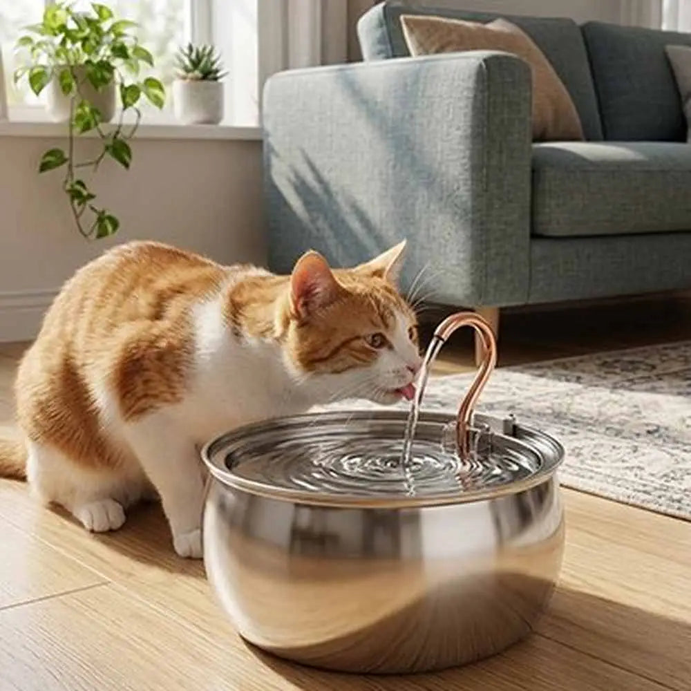 Fontaine à eau pour chat, bassin inox et bec cuivré, le chat boit au jet.