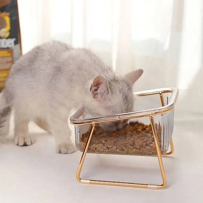 Gamelle pour chat double en plastique transparent avec support métal doré