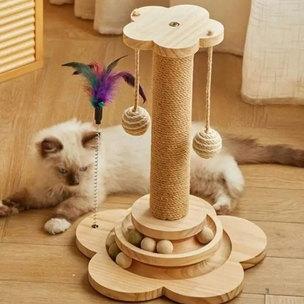 Tour de griffoir pour chat en bois clair avec poteau en sisal, boules suspendues et plateau