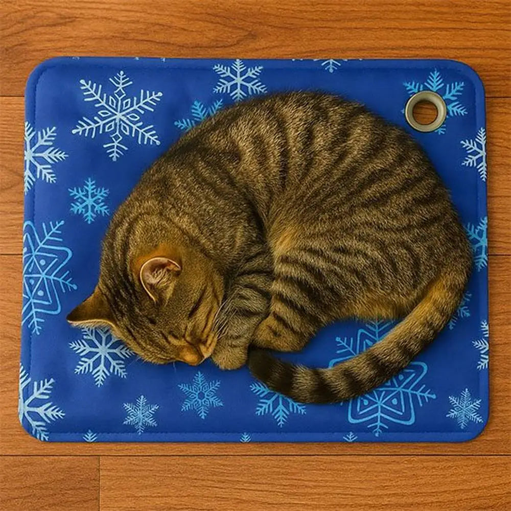 Tapis rafraîchissant pour chat bleu à motifs flocons, coin arrondi avec œillet