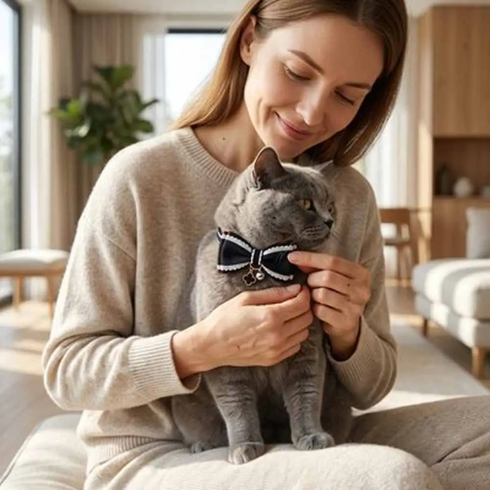 Collier pour chat noir avec grand nœud et pendentif en forme d’étoile