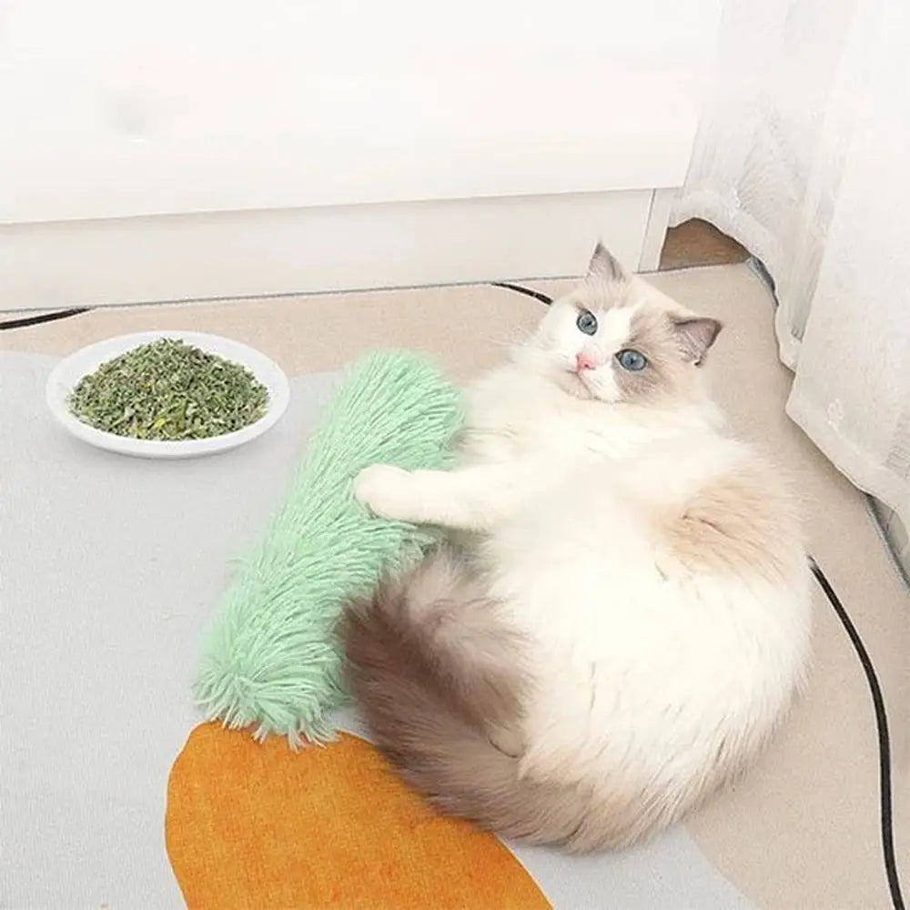 Peluche pour chat duveteuse vert clair, avec coussin orange sous la patte