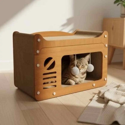 Griffoir pour chat en sisal naturel, structure en bois clair avec grandes ouvertures latérales