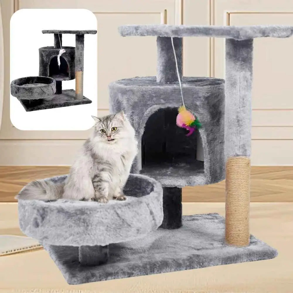 Petit arbre à chat le cocon gris: coussin rond, niche, plateforme supérieure et poteaux en sisal.