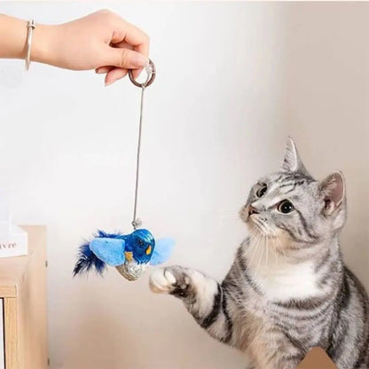 Jouet pour chat oiseau en peluche bleu suspendu, plumeux, pour jeu interactif.
