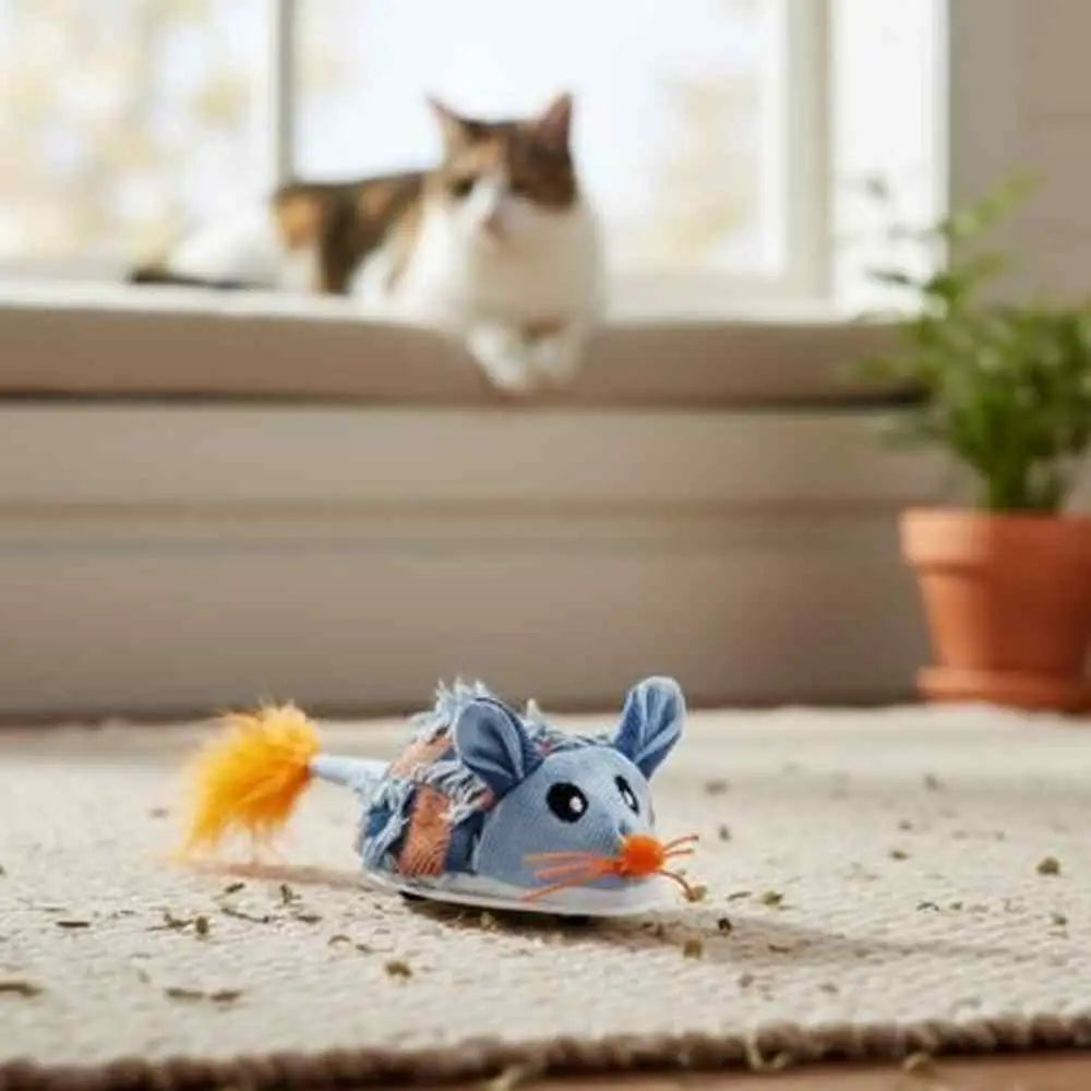 Jouet interactif pour chat PurrPerfect : souris en peluche bleue et pompon orange