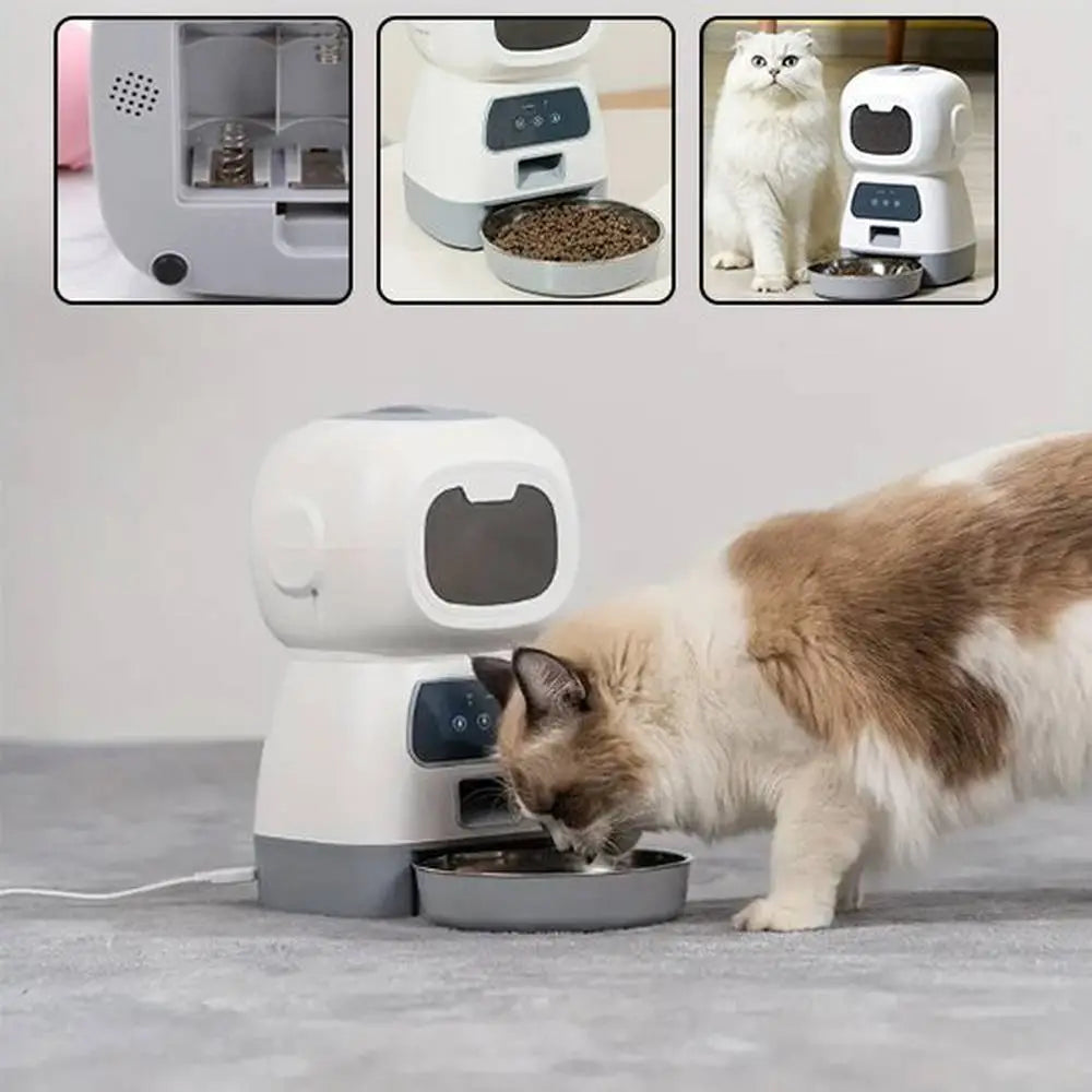 Distributeur automatique de croquettes pour chat blanc, ouverture frontale et bol en métal.
