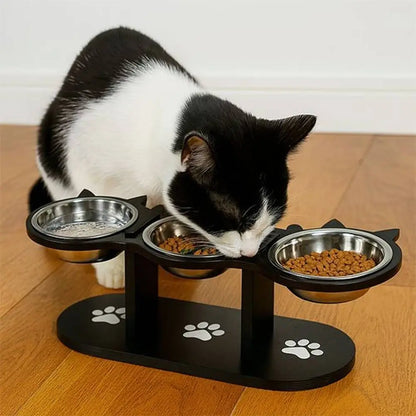 Gamelle chat surélevée DigiConfort, 3 bols inox sur support noir avec motifs pattes