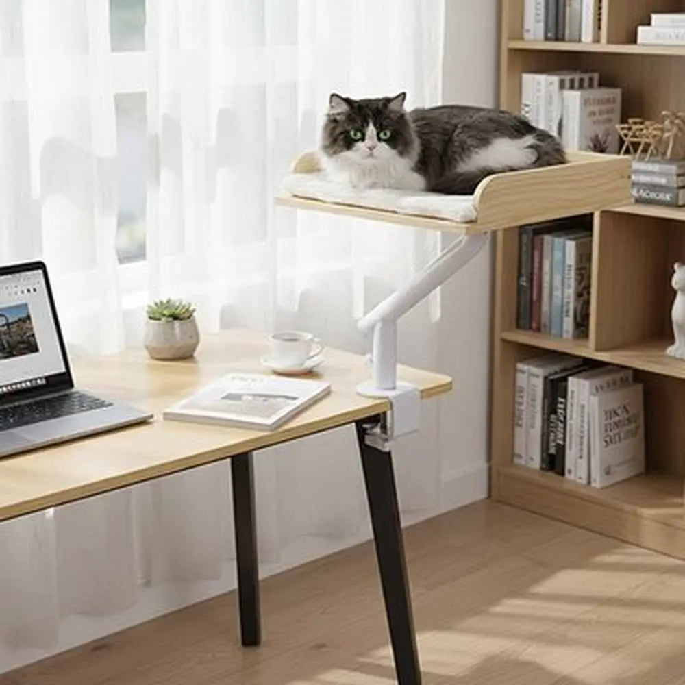 Lit pour chat avec plateau en bois clair, coussin clair et support blanc