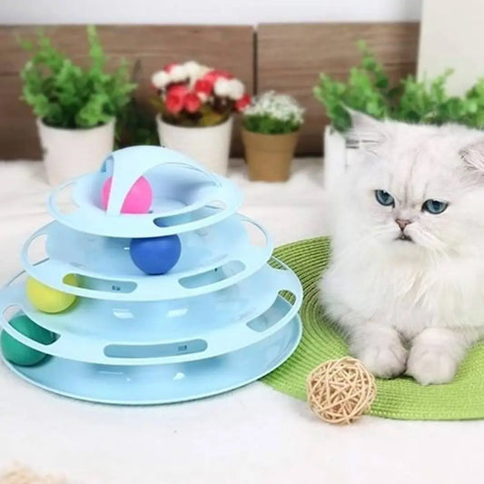 Jouet pour chat circuit de balles 3 niveaux bleu clair, trois plateaux empilés