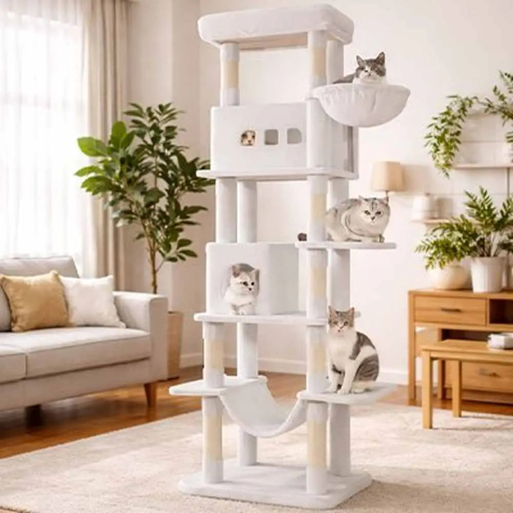 Arbre à chat XXL blanc, plateformes, hamac, cabane et griffoir intégré